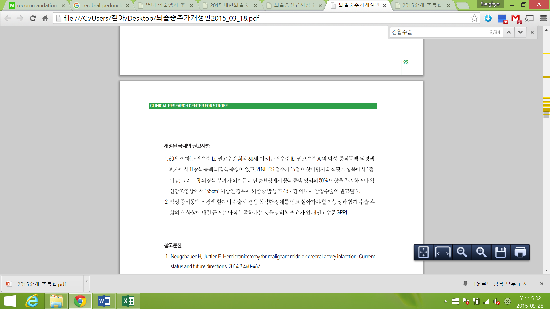 감압 반두개 절제술의 기존 지침 요약표