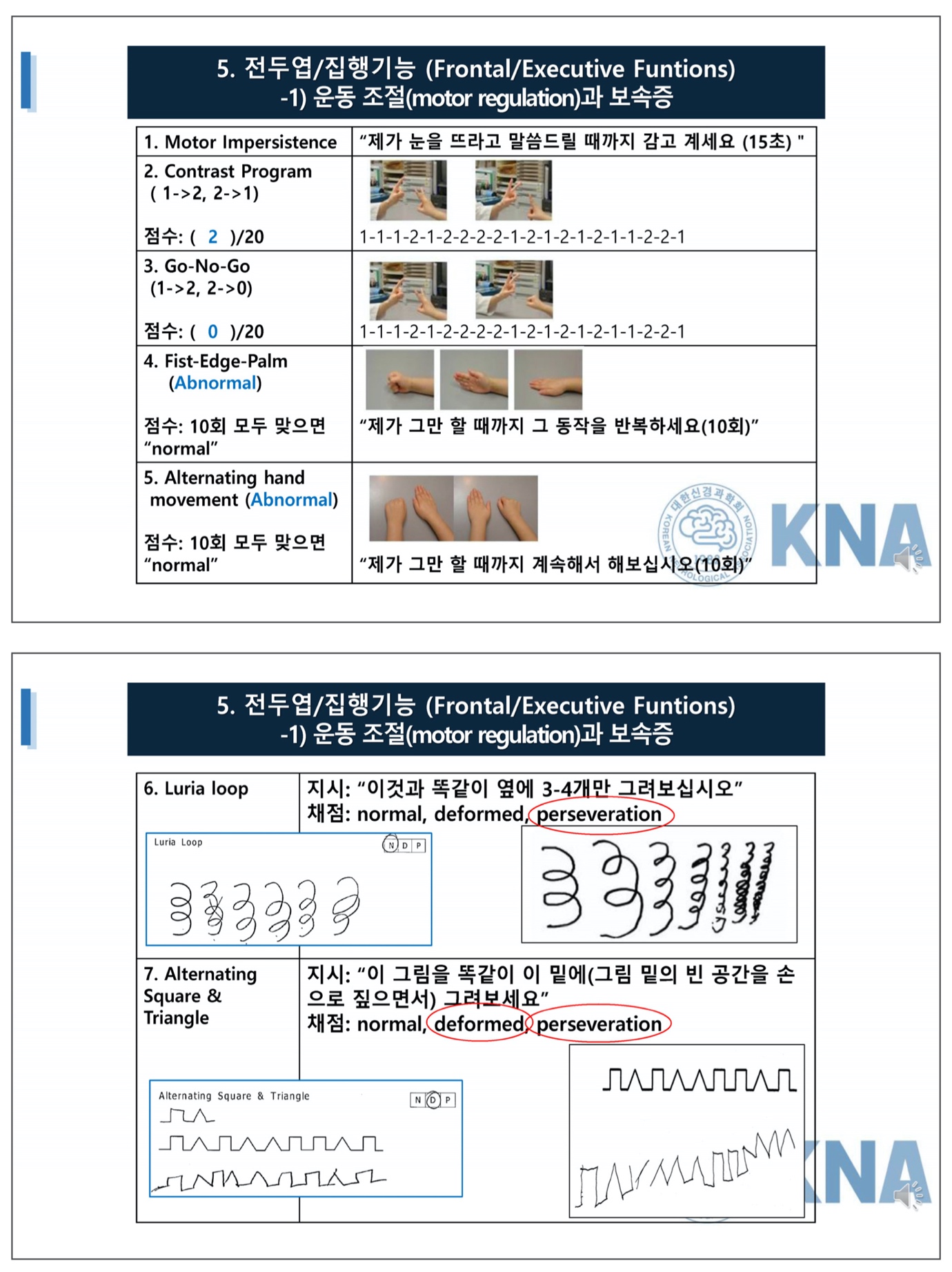 SNSB 전두엽 기능 검사 요약표