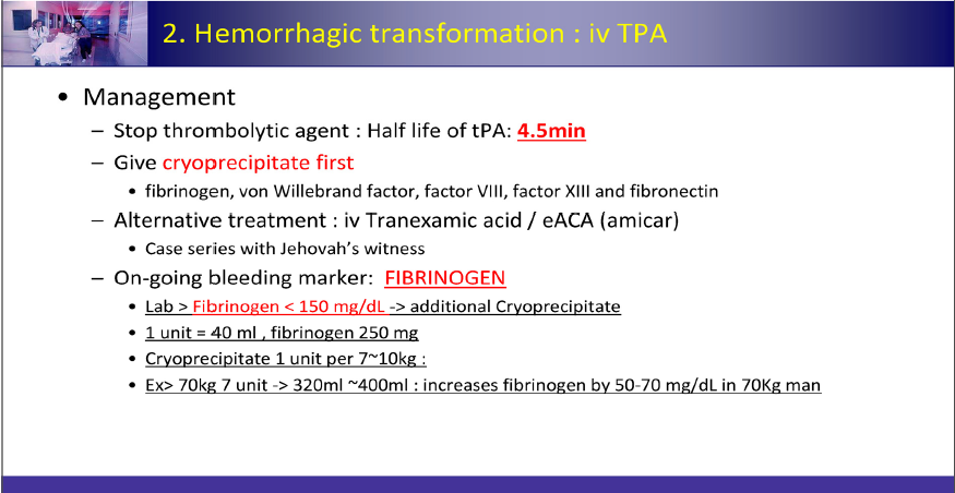 Management of sICH: Cryoprecipitate first 권고 및 용량 설명